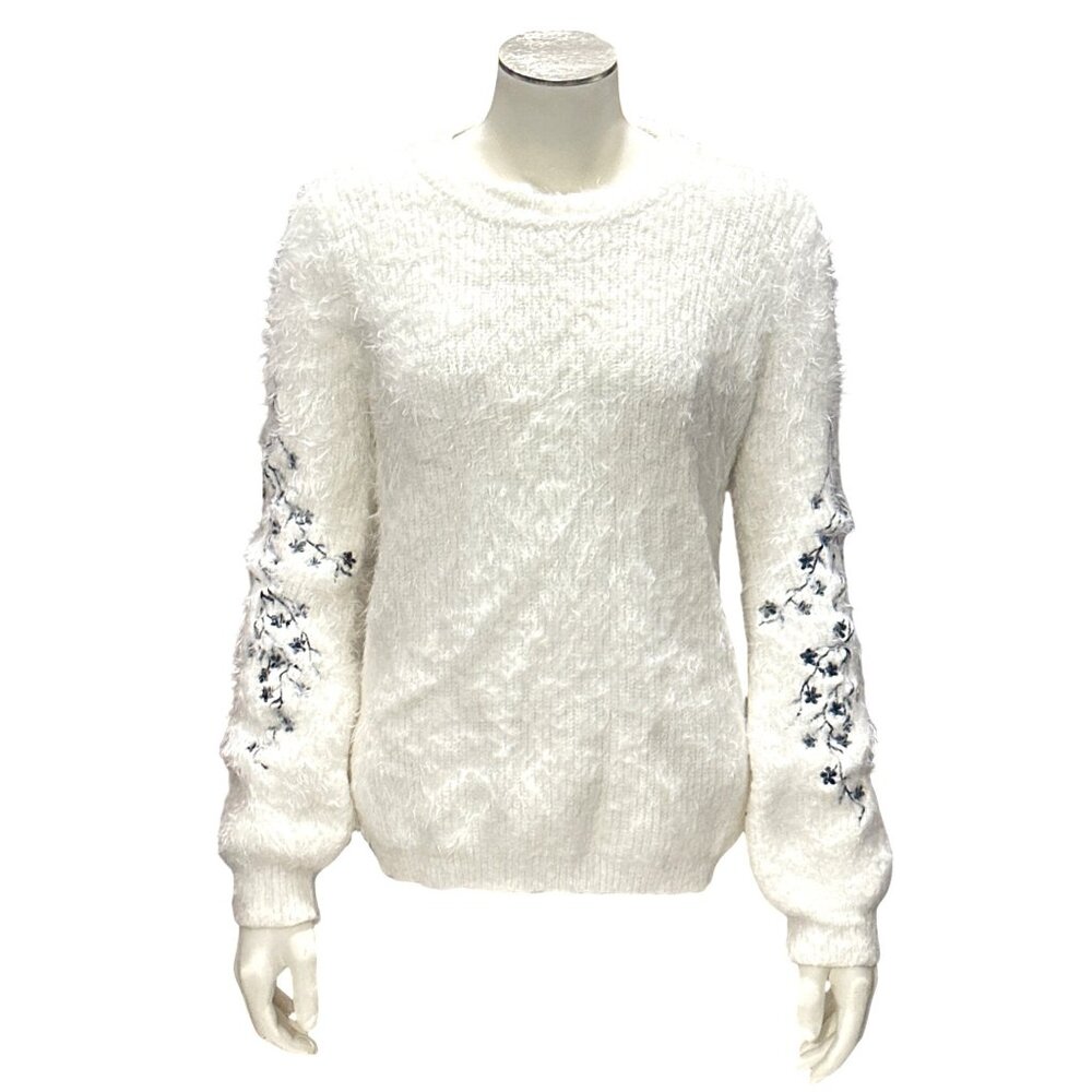 Woven Heart Large Ivory Fuzzy Floral Embroidered Sweater Cottagecore Cozy Chicly - Picture 2 of 11